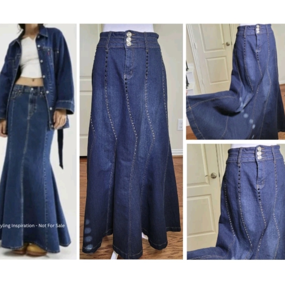 VTG 90s Y2K Studded Rhinestone Flare Mermaid Denim Skirt Sz 6 Blue Boho Cowgirl